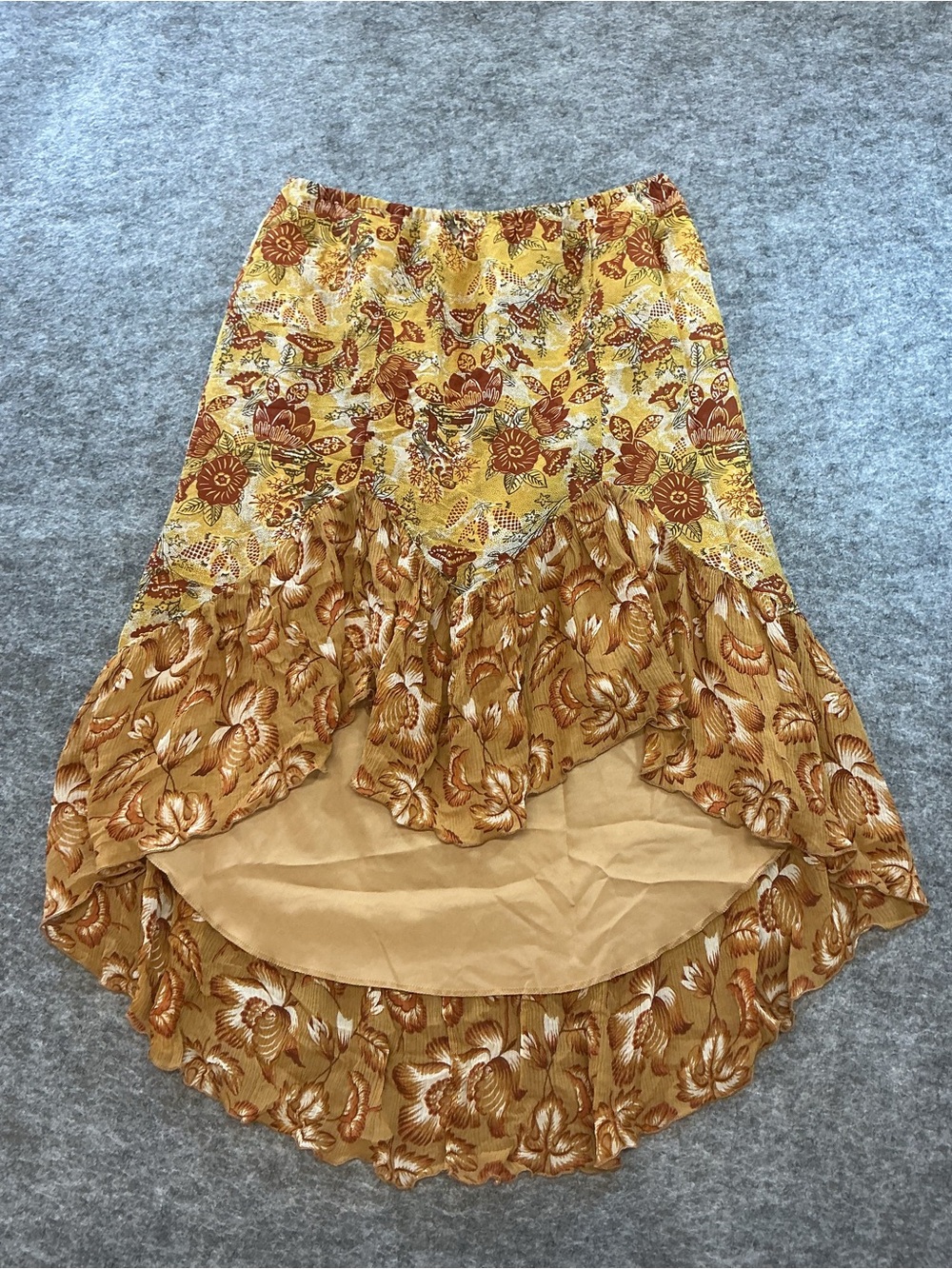 Anna Sui VINTAGE USA Boho Floral Tiered Hi-Low Skirt in Mustard Yellow Size M